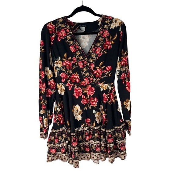EleVen by Venus Williams Dresses & Skirts - Venus Black Pink Moody Floral Print Long Sleeve Mini Dress Sz 8